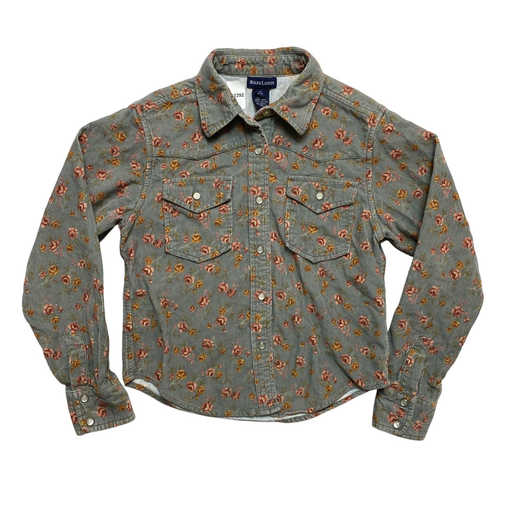 Ralph Lauren Shirt Kids M 8/10 Green Floral Western Corduroy Button Up